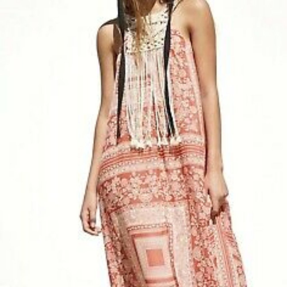 Zara Coral Red Crochet Combi Long Dress Size M-L - Picture 3 of 5